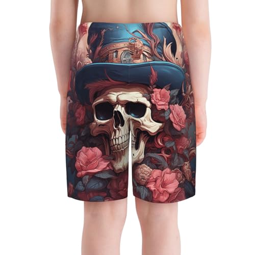 Boys Swim Trunks Beach Board Shorts Pockets Kids Youth Bathing Suits, Skull Captain Vintage Cool Flowers4