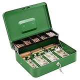 セーフキャッシュボックス ロックキーとマネートレイ付き - レジ用大型貯金箱 金庫用メタルロックボックス 11.8インチ x 9.4インチ x 3.5インチ グリーン