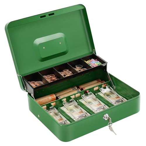 Image of Cash Box with Lock Key and Money Tray - Large Money Box for Cash Register, Metal Lock Box for Money Safe 11.8 inch x 9.4 inch x 3.54 inch Green