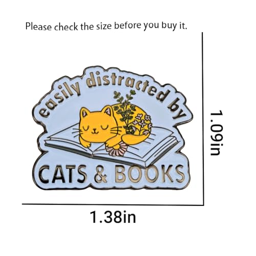 Image of Enamel Pin,Easily Distracted By Cats & Books Lapel Pin,Cute Kitten Pet Badge,Conversation Starter Brooch,Gift For Booklovers Reader Student Teens,DIY Decor,Pin on Canvas Bag Backpack Jacket