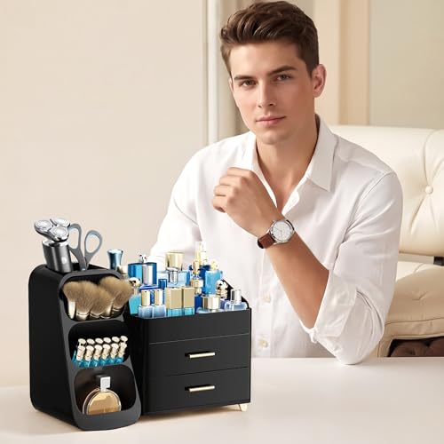 Image of HBlife Cologne Organizer for Men Makeup Organizer with Brush Holder for Vanity, Large Plastic Bathroom Countertop Organizer Skin Care Storage, Fathers Day Gift for Dad Husband, All Black