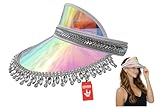 Nicky Bigs Novelties Hanging Gem Fringe Sun Visor Hat for Adults - Iridescent Jeweled Mirrored Visor for Sun Protection, Outdoor Sun Shade, Face Shield Ideal for Festivals, Tennis, Beach & Golf