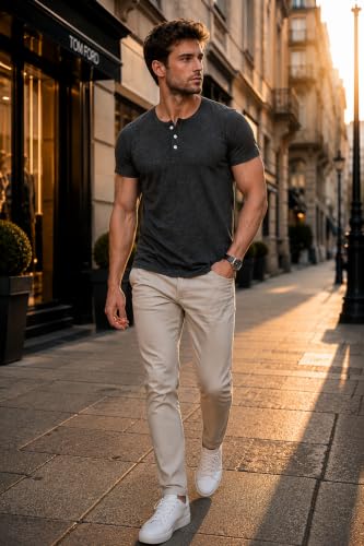Image of London Hills T Shirt for Man | Men Henley Neck Tshirts | Tshirt Shirts Men | Gym T Shirts for Mens Workout T-Shirts for Man Cotton Stylish Henly Neck T Shirt Half Sleeve Regular Fit Solid Multicolour