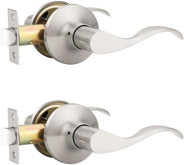 Mengico 2 Pack Satin Nickel Modern Interior Passage Door Knobs, Keyless Door Handle for Hallway & Closet, Wave Style Non-Locking Door Lever Reversible for Left & Right Handed