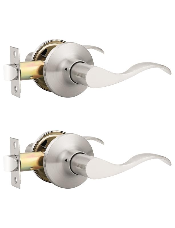 Image of Mengico 2 Pack Satin Nickel Modern Interior Passage Door Knobs, Keyless Door Handle for Hallway & Closet, Wave Style Non-Locking Door Lever Reversible for Left & Right Handed