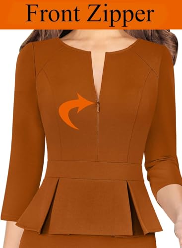 Image of VFSHOW Womens Wear to Work Front Zipper V Neck Peplum Business Office Church Flattering Pencil Sheath Dress