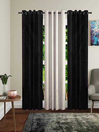 Image of Home Sizzler Polyester 3 Piece Long Door Curtain Set, 9 feet (2 Black, 1 Cream)