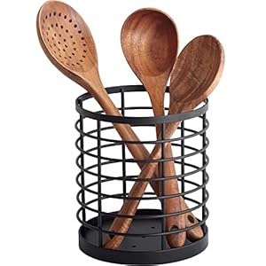 Utensil holder for Kitchen Counter – 5.2″ x 5.2″ x 6″ Large Round Utensils Holder with Wooden Base Matte Black Cooking Utensil Holder，Kitchen countertop Utensil Organizer (Metal)