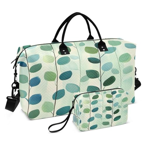 Travel Duffle Bag Weekender Bags Overnight Bag with Toiletry Bag Gym Duffel Bag Blue Green Leaves for Travel Business Trips Sport