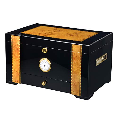 Volenx Cigar Humidor, Luxury Cigar Storage Box with Humidifier and Hygrometer, Spanish Cedar Wood Interior Desktop Humidor Case with Lock and Drawer, Holds 100 Cigars