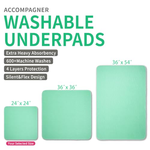 Image of Accompagner Incontinence Bed Pads Washable Waterproof, Ultra-Absorbent Reusable Underpads for Diaper Changing, Nursing, Bedridden, Adults, Seniors, Kids and Dogs (Green, 24 inchx24 inch(Pack of 6))