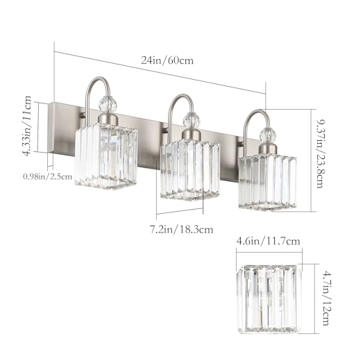 Image of Ralbay Brushed Nickel Vanity Light for Bathroom Crystal 3-Light Modern Crystal Bathroom Light Fixtures