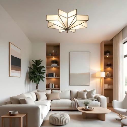 Image of LIGHTLAND 19.7 Inch Flush Mount Star Ceiling Light, 4 Lights Brass Ceiling Lamp with Glass Lampshade, Art Deco Close to Ceiling Light Fixtures for Bedroom Living Room Entryway Hallway, Bronze Color
