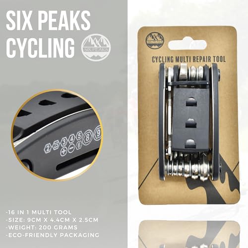 Six Peaks Cycling Multi Repair Tool, Compact, Pocket Size, 16 in 1 Bicycle Maintenance Kit with Spanners, Hex Keys - Image 3