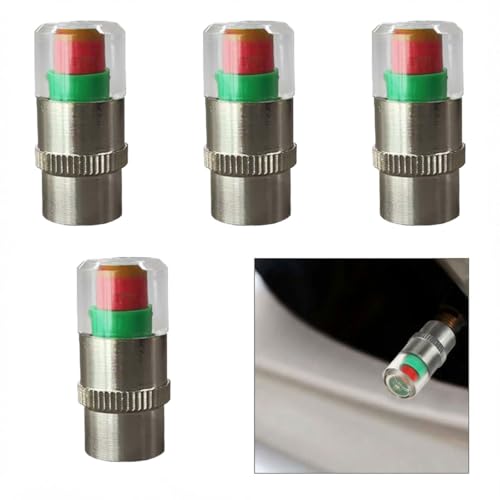 Car Tire Pressure Monitor Valve Stem Caps, 3-Color Eye Alert Valve Stem Caps Sensor Indicator, 2.4Bar 36PSI Tire Pressure Gauge Valve Caps for Cars, SUVs, Trucks, Motorcycles, Bicycles (Silver-4PCS)