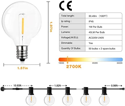 Outdoor Festoon Lights Mains Powered 30M/100FT, Outdoor String Lights with 1W 50+2 Shatterproof G40 Bulbs for Patio, Backyard, Porch, Garden, Party, Wedding (Warm White) [Energy Class A++]