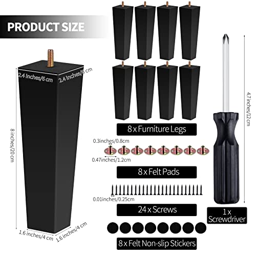 TURSTIN Set of 8 Furniture Legs 8 Inch Square Solid Wood Couch Legs Replacement Sofa Legs Mid Century Furniture Feet for Armchair Bed Dresser Cabinet Include Installation Hardware, Black by TURSTIN - Image 2