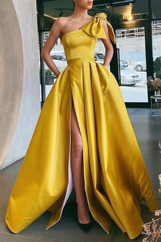 A Line One Shoulder Satin Long Prom Dress for Women, Sleeveless Formal Evening Party Gown with Side Slit2