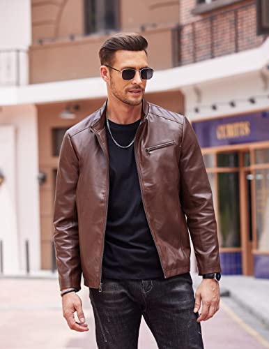 Coofandy Men's Casual Lightweight Leather Jacket Long Sleeve Stand Collar Faux Leather Coat Fall Winter Warm Outwear #TOP1