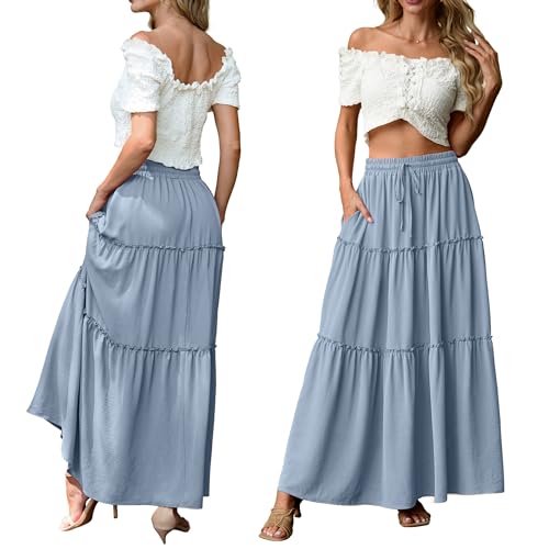 Image of Lepunuo Womens Casual Boho High Waisted Flowy Maxi Skirts Tiered Floral Long Skirts with Pockets for Summer Beach Vacation
