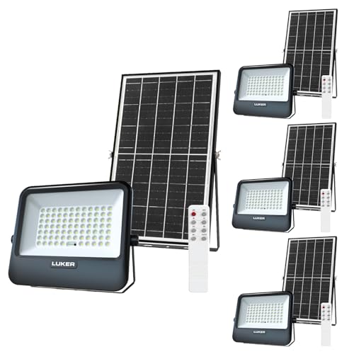 LUKER JVLuker Led Solar Floodlight 2700LM with Multiple Function Modes/Timer/Brightness Remote Control Night Lights for Factory Garage Garden Parking Lamp, 1 Year Warranty (Pack of 4, White Light)