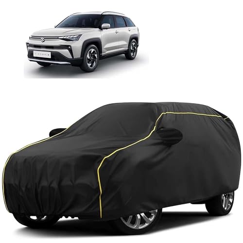 Image of Sulfar 100% Water Resistant Car Body Cover Compatible with Mirror for Maruti Suzuki Victoris (Triple Stitched, Full Bottom Elastic, Black Tafetta with Yellow Piping)