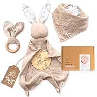 Mikito Baby Geschenk Junge & Mädchen/Neugeborenen Geschenk mit Musselin Schnuffeltuch + Beißring + Lätzchen + Baby Holzschild/Geschenk zur Geburt
