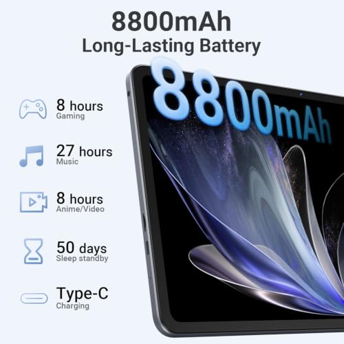 Image of Tablet 12 Inch, Android 16 Tablet, 2K IPS, 30GB RAM + 128GB, 1TB Expandable | Octa-Core T7250, Gemini AI Support, 8800mAh Battery, 13MP + 5MP Dual Camera, WiFi 6, BT 5.2, Widevine L1, GPS