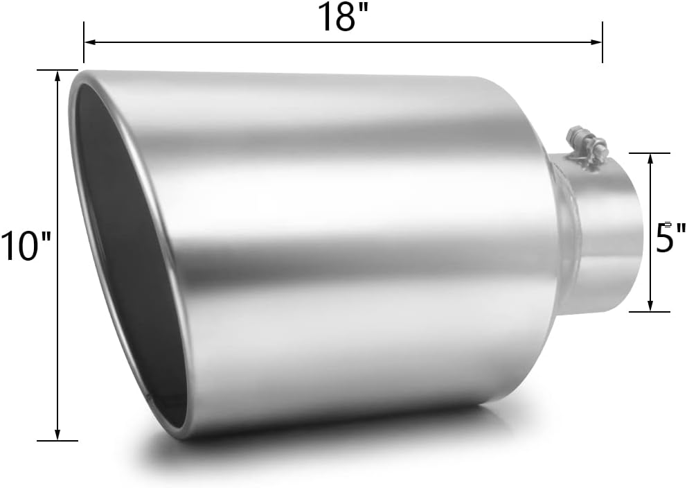 LCGP 5" inlet Universal Diesel Exhaust Tip 10" outlet 18" Long Tail Tip, Polished & Rolled Angle Cut, Bolt-On,Stainless Steel