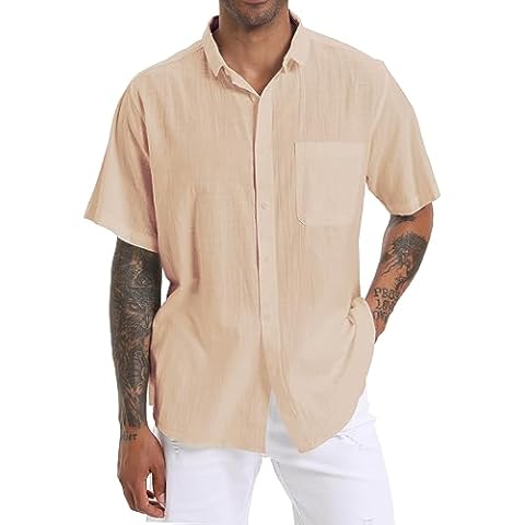YAOGRO Men's Cotton Linen Beach Summer Shirts Casual Stylish Short Sleeve Button Down Regular Fit Dress Tops with Pocket Khaki Cover