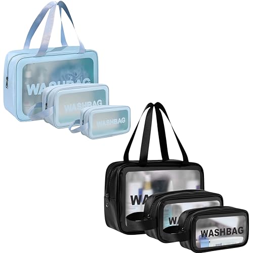 Image of Catron Waterproof Wash Bag Pouch for Travel Kit Toiletry Bag Pink Faux Leather, 6-Piece Travel Makeup, Brushes & Accessories Toiletry Organiser with Clear Window (Set of 6) (Blue+Black)