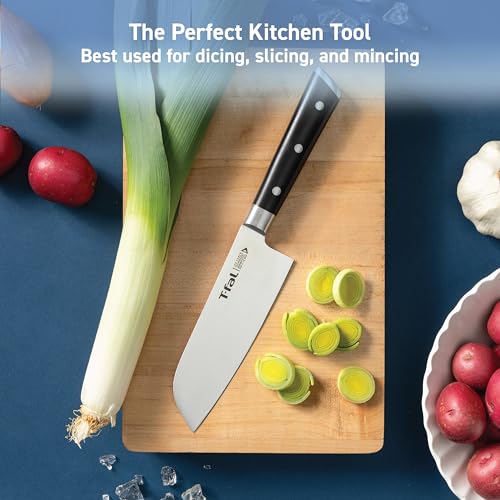 Image of T-Fal Ice Force German Stainless Steel Santoku Knife 7 Inch, Long Lasting Sharpness, High Cutting Precision, Superior Durability, Ultra Sharp Blades, Cookware Kitchen Knife, Cook Kitchen Tool, Black