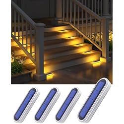 DetarZinLED Solar Step Lights Outdoor Waterproof LED, 4 Pack Warm White Flat Solar Powered Deck Lights for Outside, Stick on Light Bar for Stair, Dock, Patio, Garden, Path, Walkway, Driveway, Porch