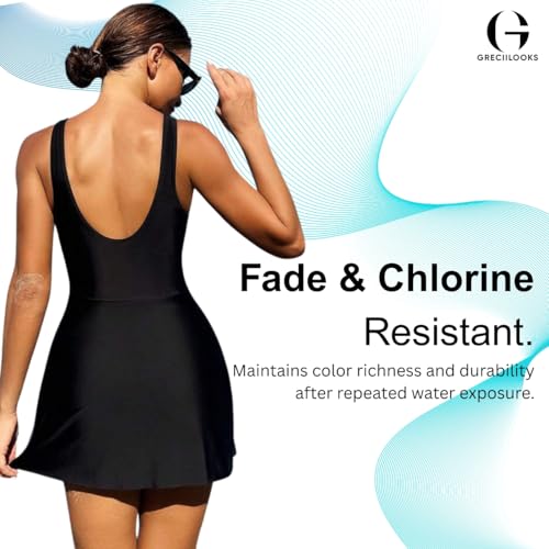 Image of GRECIILOOKS Women Lycra Frock Style Short Attached Padded One-Piece Swimming Costume | Solid Women Swimsuit | Womens Stretchable Swimwear