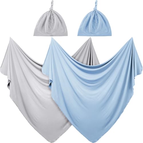 Image of JaGely 2 Pcs Stretchy Baby Swaddle Blankets Set Extra Soft 47" x 47" Baby Newborn Swaddle Blanket and Hat(Light Gray, Light Blue)