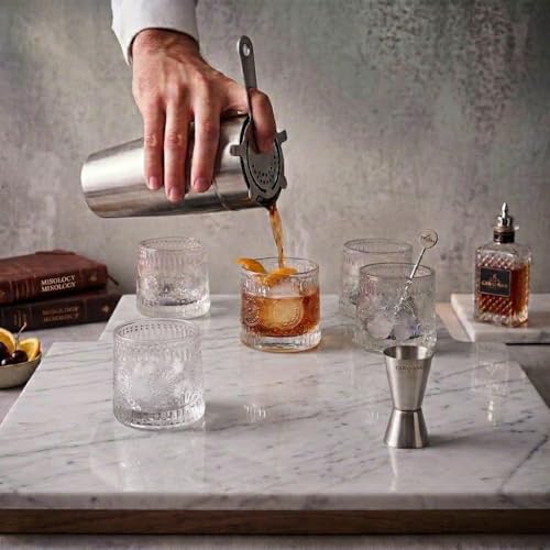Image of Car-O-Bar Silver Bar Set with Glasses Gift Set | 7 Pieces Bartender Kit:Cocktail Shaker, Jigger,Ice Tong, Set of 4 Whiskey Glasses