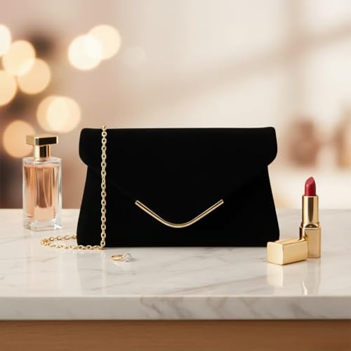 Bolsa feminina de veludo preto para noite – Design de envelope com decoração em V dourado, perfeita para festas