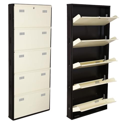Image of Metal Shoe Rack Wall Mounted for Home with Central Locking 5 Door 28 inch Wall Mounted Metal 15 Pair Shoe Rack Cabinet Pre-Assembled Rack Shelves 3 Year Warranty (Brown & Ivory)