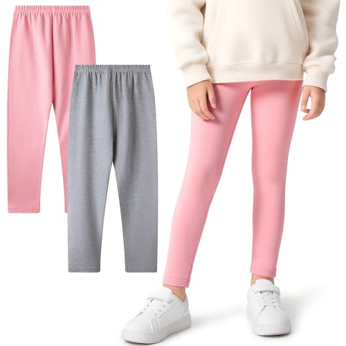 FILOWA Leggings Girls Kids 2-Pack Cotton Stretchy Trousers Full Length Tights Pants with Elastic Waistband Legging Sport Casual School Outdoor Spring Autumn Trouser for Chil 9-10 Years, Grey Pink