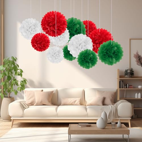 Image of 18 PCS Tissue Paper Pom Poms, Tissue Paper Flowers, Sizes of 6 inch, 10 inch, 12 inch, 14 inch Christmas Paper Flower Party Decor for Wedding, Birthday, Christmas, Baby Showers (Green Red White)