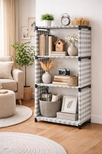Image of 4-Tier Fabric Bookshelf Organizer - Heavy-Duty 140 GSM Fabric Book Rack, Space Saving Storage Shelf for Books, Home Office Bedroom Living Room, Easy Assembly, Modern Grey Check Design