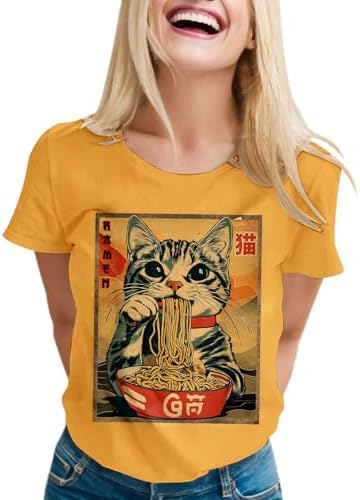 Cat Ramen Divertido Gráfico Tees Gato Anime T Camisa Mujer Tallas...