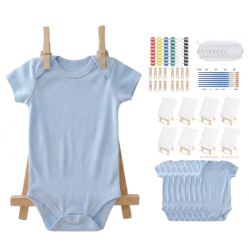 Funnysoft 48 Pcs Blue Baby Shower Bodysuit Games Design with Wooden Easel Wooden Clothes Clamp Cotton Blank Bodysuit DIY for Baby Shower Games Gender Reveal & Decorations