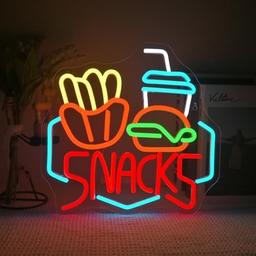 Lucunstar Snack Burger Fries Neon Sign LED Sign for Burger Shop Decor Hamburger LED Neon Light USB Connectivity Neon Sign with Dimming switch for Restaurant Kitchen Store Party Bar Sign