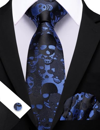 Image of Barry.Wang Man Tie Sets Skull Ties Animal Extra Long Necktie Silk Woven Handkerchief Cufflinks Festival Party Gift