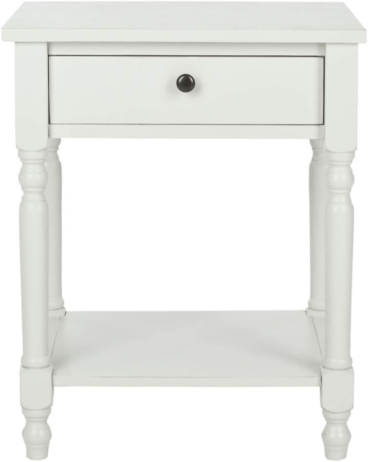 Home Collection – Tami Off-White Nightstand with Drawer & Shelf, Vintage Farmhouse Accent Table, Turned Leg Design (AMH6604A)