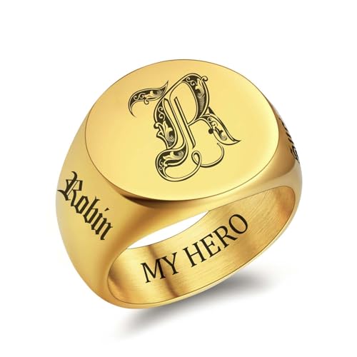 LOFART Custom Signet Ring for Men Personalized Initial Ring Custom Mens Rings Engraved Ring Customized Memorial Graduation Gifts for Father Husband Boyfriend Friends，Round Gold