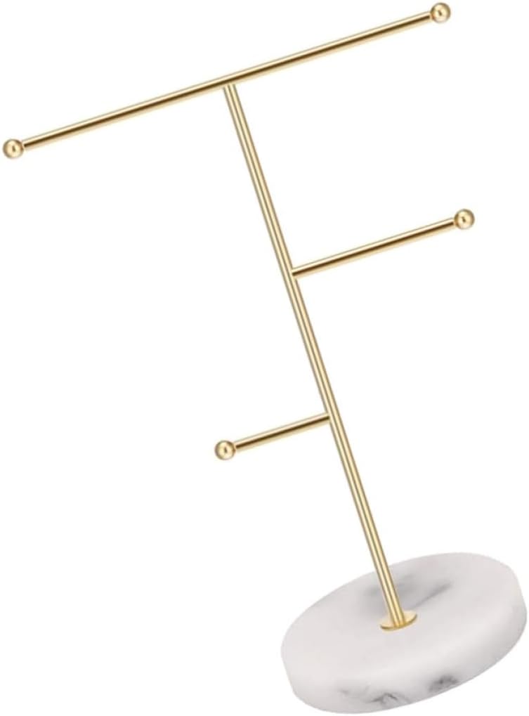 SUPVOX Gold Iron Jewelry Display Stand with Marble Base, 18.5x10x26cm Jewelry and Watch Organizer Holder for Earrings, Necklaces, and Bracelets Storage