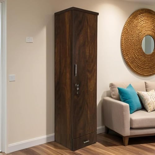 Image of CASPIAN Engineered Wood 1 Door Wardrobe | Pre-Assembled Wooden Almirah for Bedroom Storage | Single Door Cupboard with Drawer, Hanging Space & Shelves | Compact Clothes Organizer | Brown