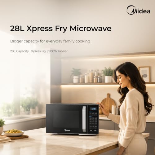 Image of Midea 28L Convection Microwave oven with Air Fry, Grill, 900W Microwave Power, 326 Auto Cook Menus, Stainless Steel Cavity (MMOP03XA-ECSEBK, Multi-Stage Cooking, Defrost by Time)